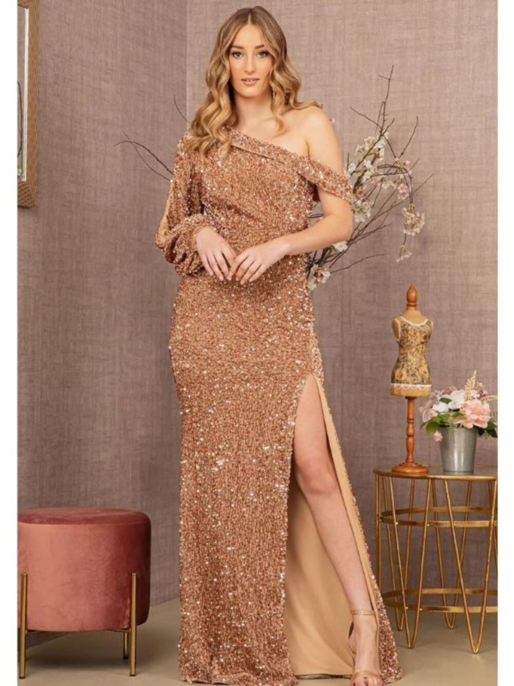Clearance Gold Size M One Shoulder Prom Dress with Long Sleeves by GLS GL3159